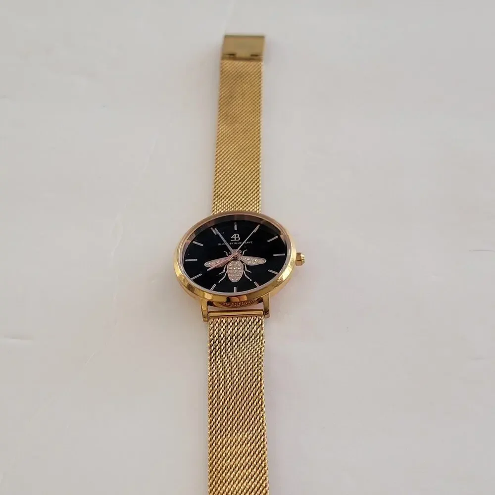 BLACK BY BLUE BRAVE Womens Watch Black Dial Gold Case Mesh Band Quartz
